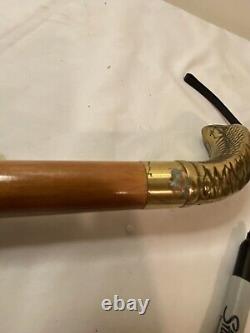 Unique Wooden Walking Stick Cane with fake Brass shape Snake headed handle
