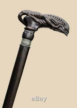 Unique Xenomorph Hand Carved Walking Cane for Men Alien Wooden Walking Stick