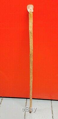 Unusual Vintage Wooden Walking Stick Cane With A Glass Head Of A Child