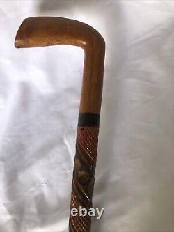 VTG Elaborate Hand Carved Textured Wood Folk Art Cane Walking Stick- 37 Inches