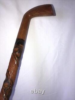 VTG Elaborate Hand Carved Textured Wood Folk Art Cane Walking Stick- 37 Inches