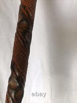 VTG Elaborate Hand Carved Textured Wood Folk Art Cane Walking Stick- 37 Inches