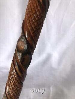 VTG Elaborate Hand Carved Textured Wood Folk Art Cane Walking Stick- 37 Inches