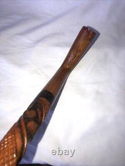 VTG Elaborate Hand Carved Textured Wood Folk Art Cane Walking Stick- 37 Inches