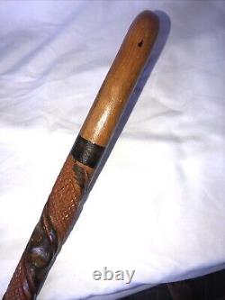 VTG Elaborate Hand Carved Textured Wood Folk Art Cane Walking Stick- 37 Inches