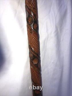 VTG Elaborate Hand Carved Textured Wood Folk Art Cane Walking Stick- 37 Inches