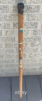 VTG Hand Carved Wood & Brass Asian Geisha Cane Walking Stick withHidden Pool Cue