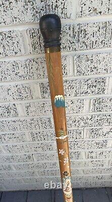 VTG Hand Carved Wood & Brass Asian Geisha Cane Walking Stick withHidden Pool Cue