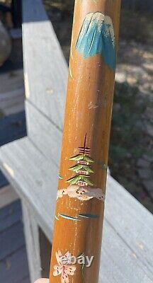 VTG Hand Carved Wood & Brass Asian Geisha Cane Walking Stick withHidden Pool Cue