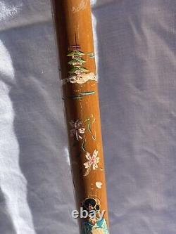 VTG Hand Carved Wood & Brass Asian Geisha Cane Walking Stick withHidden Pool Cue