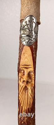 VTG Wood WALKING STICK 58 T, Antler & Leather, Scotland Badges & Old Man Face