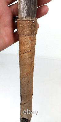 VTG Wood WALKING STICK 58 T, Antler & Leather, Scotland Badges & Old Man Face