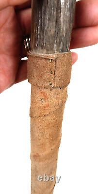 VTG Wood WALKING STICK 58 T, Antler & Leather, Scotland Badges & Old Man Face