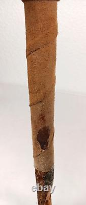 VTG Wood WALKING STICK 58 T, Antler & Leather, Scotland Badges & Old Man Face