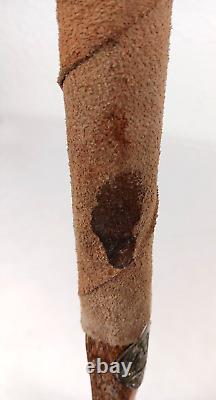 VTG Wood WALKING STICK 58 T, Antler & Leather, Scotland Badges & Old Man Face