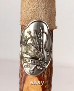 VTG Wood WALKING STICK 58 T, Antler & Leather, Scotland Badges & Old Man Face