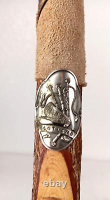 VTG Wood WALKING STICK 58 T, Antler & Leather, Scotland Badges & Old Man Face