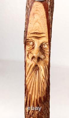 VTG Wood WALKING STICK 58 T, Antler & Leather, Scotland Badges & Old Man Face