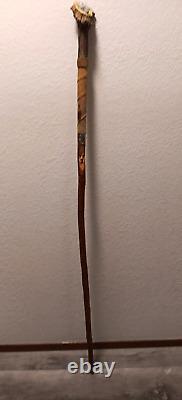 VTG Wood WALKING STICK 58 T, Antler & Leather, Scotland Badges & Old Man Face