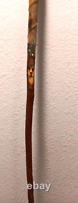 VTG Wood WALKING STICK 58 T, Antler & Leather, Scotland Badges & Old Man Face