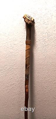 VTG Wood WALKING STICK 58 T, Antler & Leather, Scotland Badges & Old Man Face