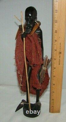 Vintage African Hand Carved Wood Wooden Man withWalking Stick Figure 12 1/2