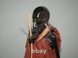 Vintage African Hand Carved Wood Wooden Man withWalking Stick Figure 12 1/2