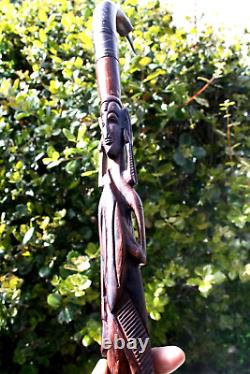 Vintage African Hand Carved Wooden Walking Stick/Cane Tribal Warriors
