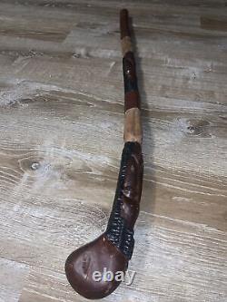 Vintage African Hand Carved Wooden Walking Stick Cane Tribal face masks 38 L