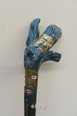Vintage African Wooden Cane Walking Stick Folk Art Hand Carved Figure Man Heads