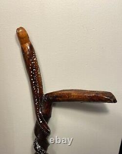 Vintage African Wooden Cane Walking Stick Folk Art Hand Carved Painted 38 Inch