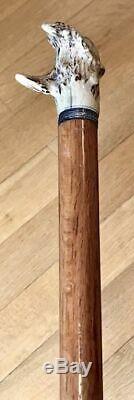 Vintage Antique 19C Walking Stick Cane Antler Stag Wooden Shaft Original Ferrul