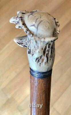 Vintage Antique 19C Walking Stick Cane Antler Stag Wooden Shaft Original Ferrul