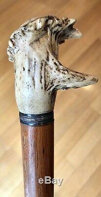 Vintage Antique 19C Walking Stick Cane Antler Stag Wooden Shaft Original Ferrule