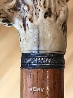Vintage Antique 19C Walking Stick Cane Antler Stag Wooden Shaft Original Ferrule