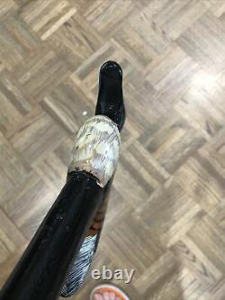 Vintage Antique Hand Carved Wooden Duck Decoy Cane Walking Stick Glass Eyes