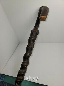 Vintage Antique Hand Carved Wooden Spiral Walking Stick, Cane