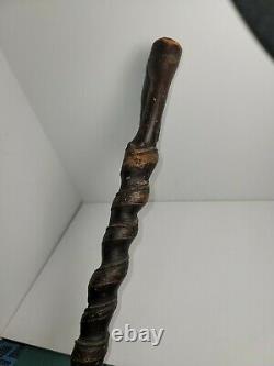 Vintage Antique Hand Carved Wooden Spiral Walking Stick, Cane