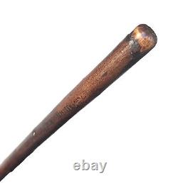 Vintage Antique Signed Carved Wood Brass Tip Swagger Knob Walking Stick Cane 37