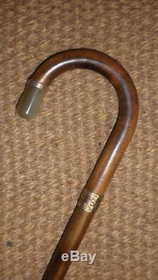 Vintage/Antique Wooden Crook Walking Stick Gold Plate Collar Agate Stone End
