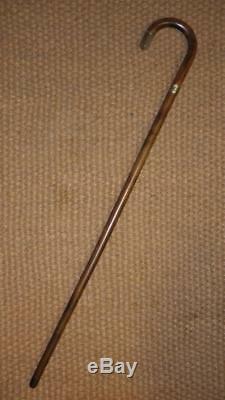 Vintage/Antique Wooden Crook Walking Stick Gold Plate Collar Agate Stone End