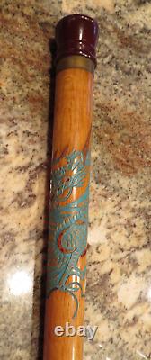 Vintage BLUE Dragon Wooden Walking Stick 34 Brass Tip & BakeliteTop