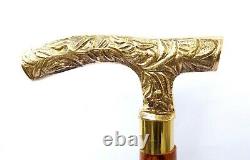 Vintage Brass Handle Victorian Wooden Walking Stick Designer Brown Wood Cane