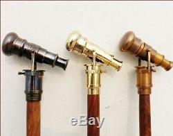 Vintage Brass Telescope Handle Walking Stick Gift Set of Three Wooden Cane Gift