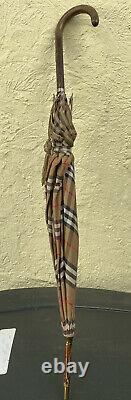 Vintage Burberry Nova Check Logo Wooden Handle Walking Stick Ladies Umbrella