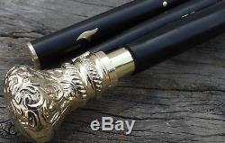 Vintage Cane Wooden Walking Stick Brass Designer Engraved Handle Victorian Style