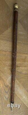 Vintage Dark Wood Walking Stick With Removable Brass Tip & End Antique Hand Carved