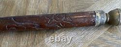 Vintage Dark Wood Walking Stick With Removable Brass Tip & End Antique Hand Carved