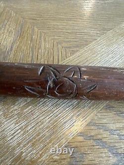 Vintage Dark Wood Walking Stick With Removable Brass Tip & End Antique Hand Carved