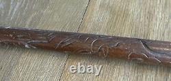 Vintage Dark Wood Walking Stick With Removable Brass Tip & End Antique Hand Carved